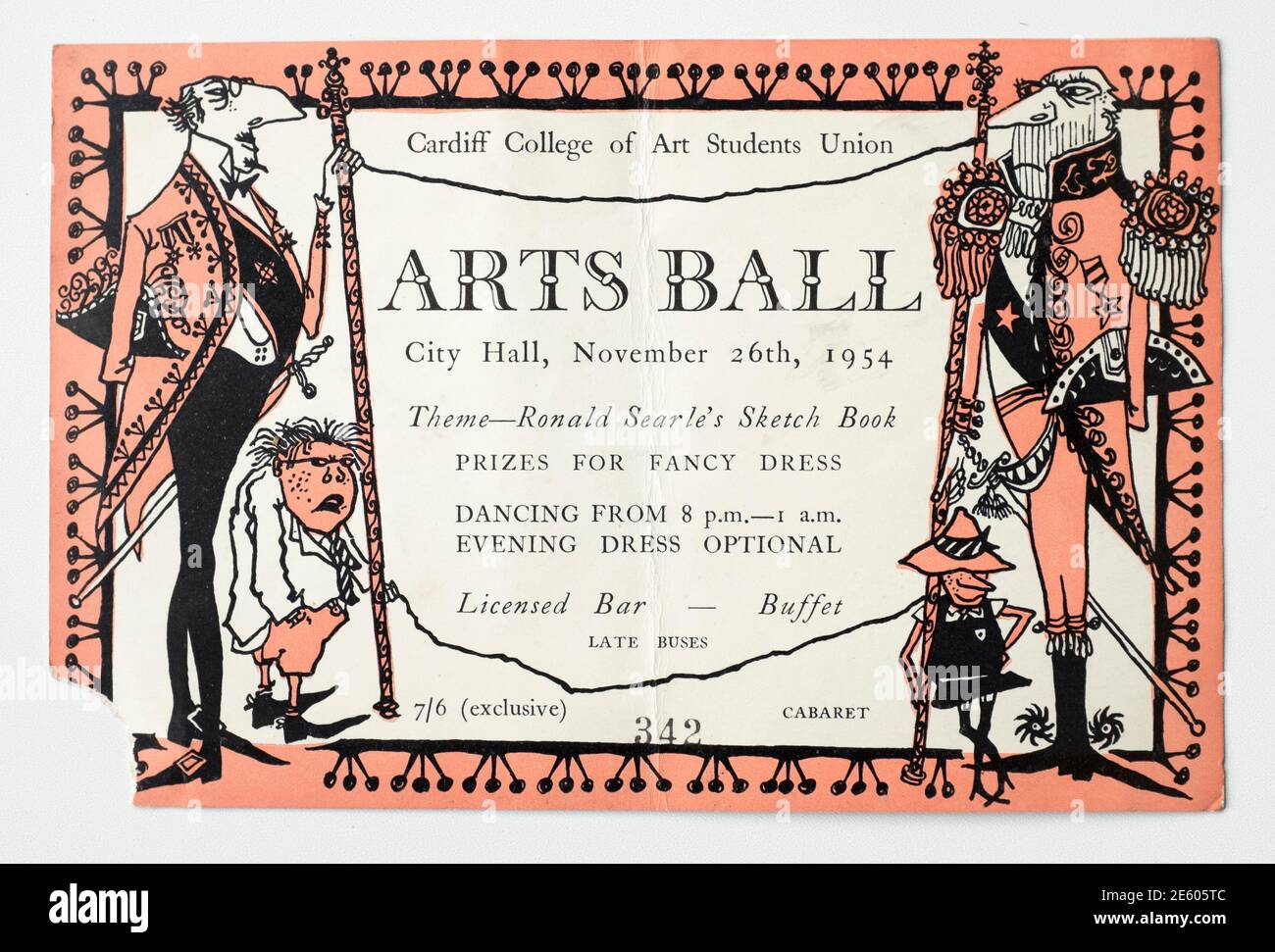 Biglietto d'epoca per gli studenti del Cardiff Art College degli anni '50 per la Union Arts Ball Foto Stock