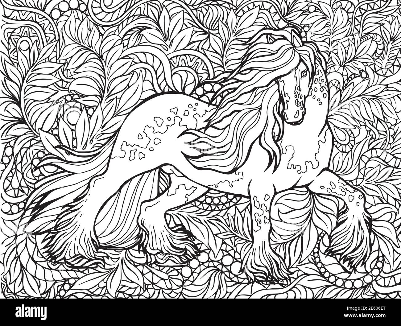 Unicorno e fiori. Animale magico. Grafica vettoriale. Bianco e nero, monocromatico. Pagine da colorare per adulti e bambini. Illustrazione Zentangle. BOH Illustrazione Vettoriale