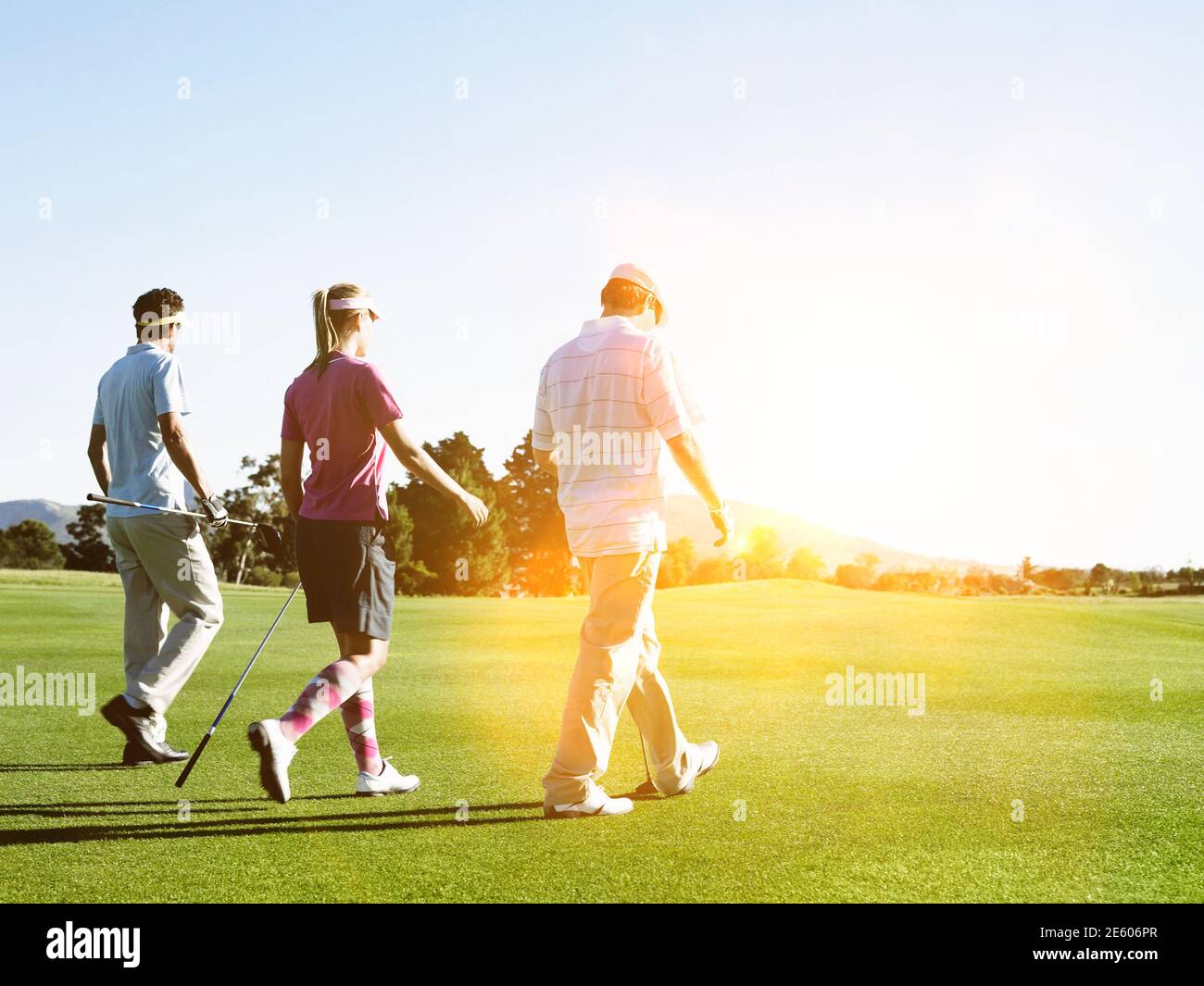 Vista posteriore degli amici che si golfano nelle giornate di sole Foto Stock