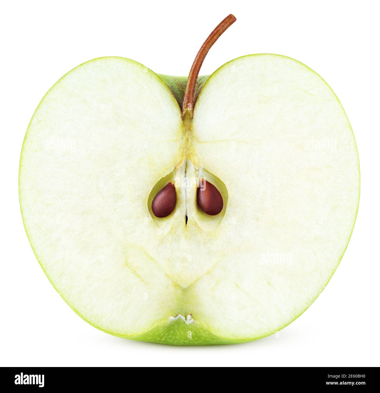 Metà verde di mela con semi isolati su sfondo bianco. Metà di mela verde con percorso di ritaglio. Profondità di campo completa Foto Stock