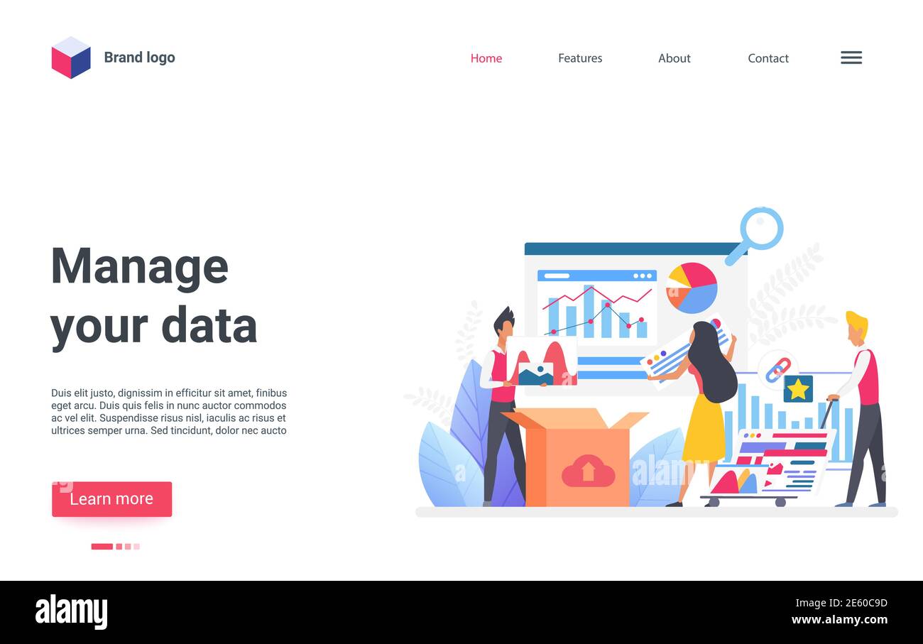 Gestire l'illustrazione vettoriale del concetto di dati. Il personale addetto alle aziende cartoon si occupa del flusso di lavoro per l'elaborazione delle informazioni sui dati, del lavoro di squadra per la ricerca sui processi di pianificazione, della landing page per la gestione dei file digitali Illustrazione Vettoriale
