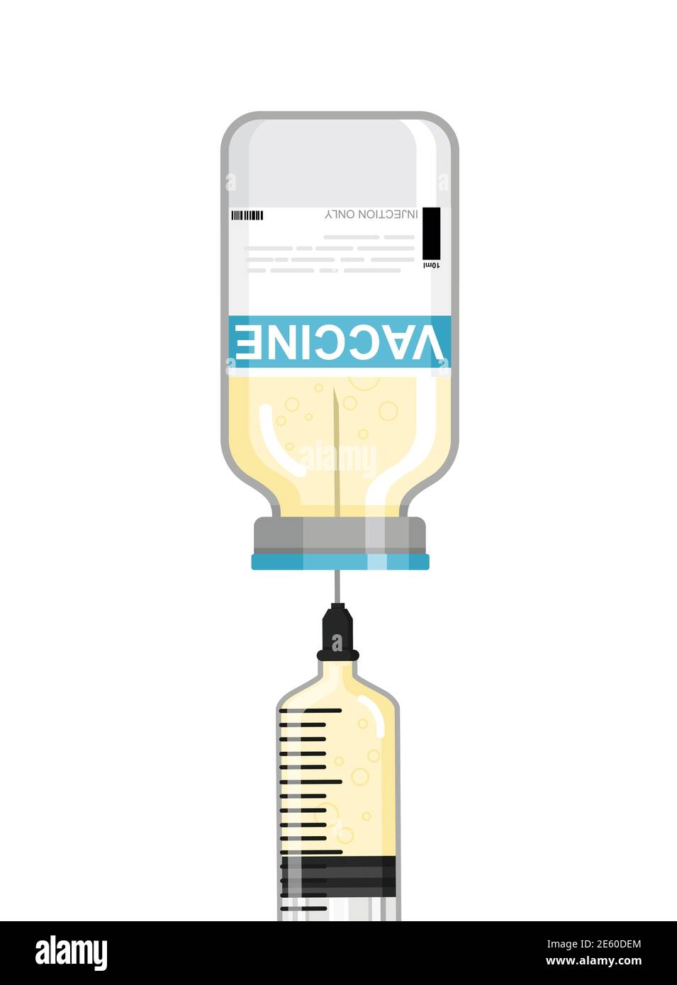 Il flaconcino con il vaccino viene aspirato nella siringa. Covid-19 epidemia. Vaccinazione delle persone. Illustrazione Vettoriale