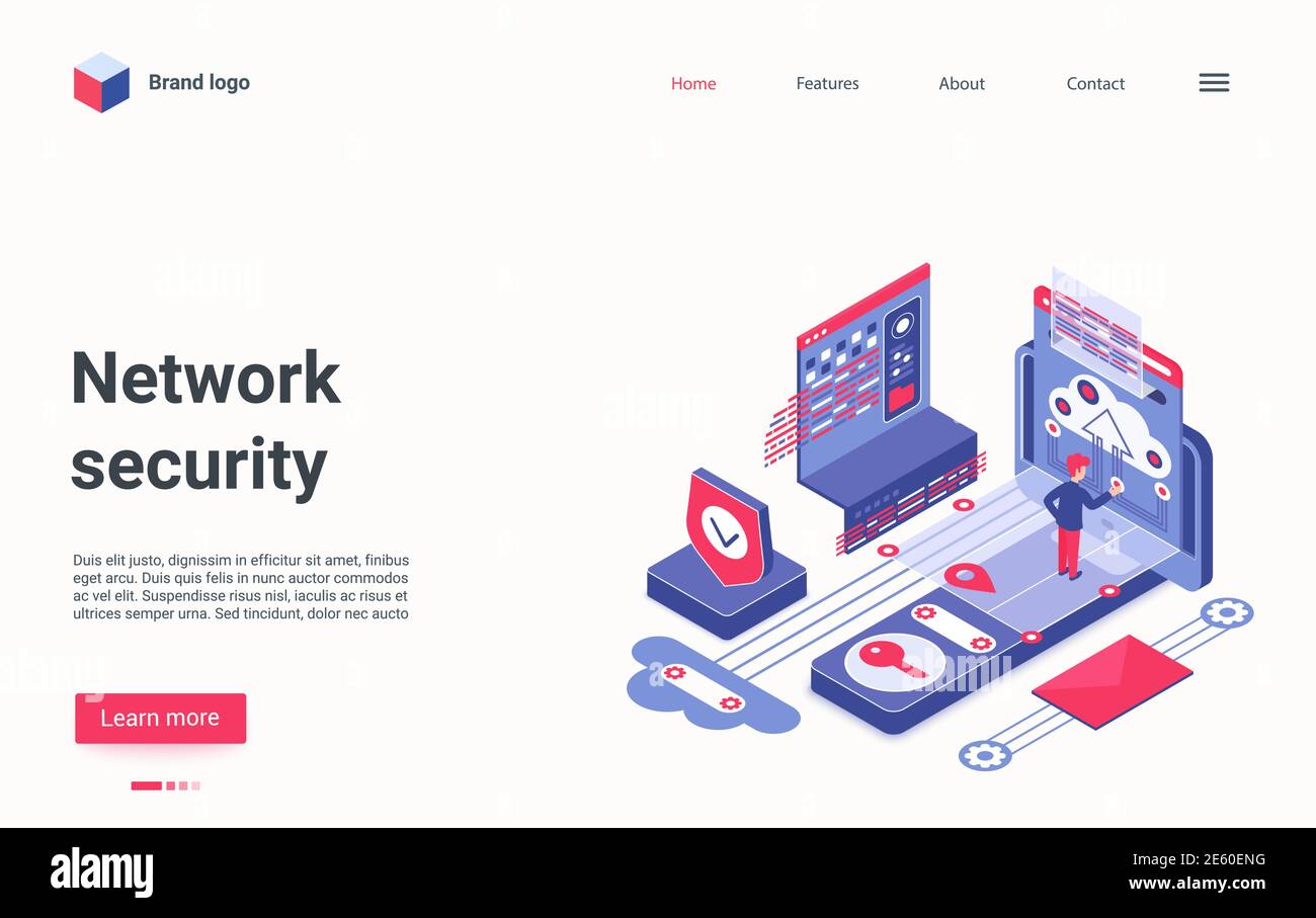 Sicurezza di rete moderna tecnologia isometrica illustrazione vettoriale. Cartoon 3d uomo carattere utilizzando cybersecurity protezione hardware, protegge contro il rischio di attacco hacker, computer virus landing page Illustrazione Vettoriale