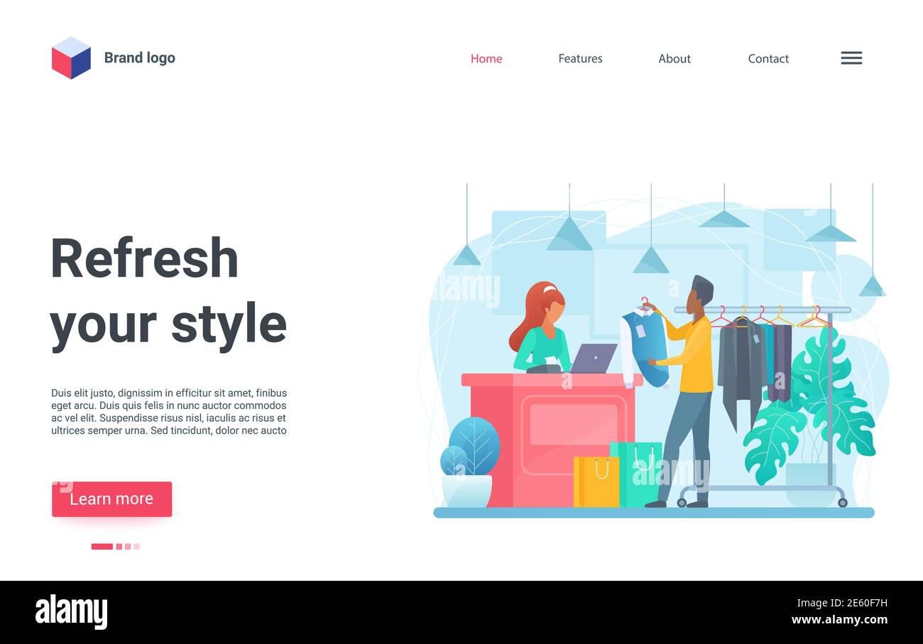 Illustrazione vettoriale di un negozio di moda. Gli interni boutique di moda del menswear del cartone animato con il carattere dello shopping che compra i vestiti eleganti, compratore con le borse di shopping che si levano in piedi alla pagina di atterraggio del banco di cassa Illustrazione Vettoriale