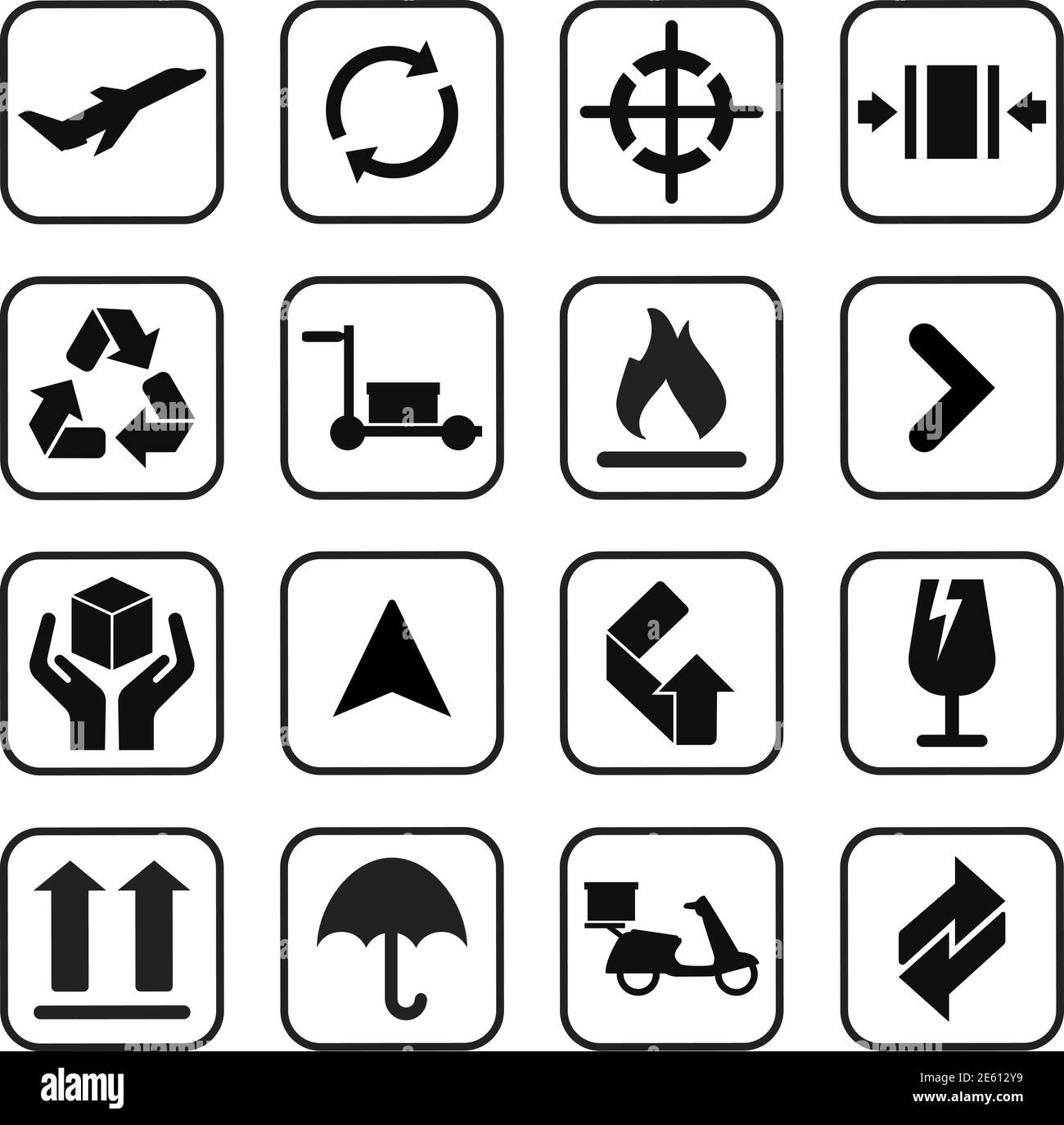 Simbolo delle icone di imballaggio in stile piatto. Cartelli neri sulla confezione. Illustrazione vettoriale Illustrazione Vettoriale