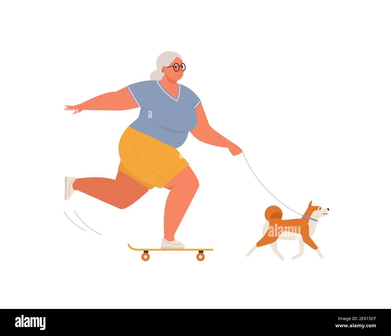Donna anziana che cavalcano skateboard o longboard con il cane. Attività sportive salutari e ricreative per nonna. Illustrazione vettoriale a fumetto piatto Illustrazione Vettoriale
