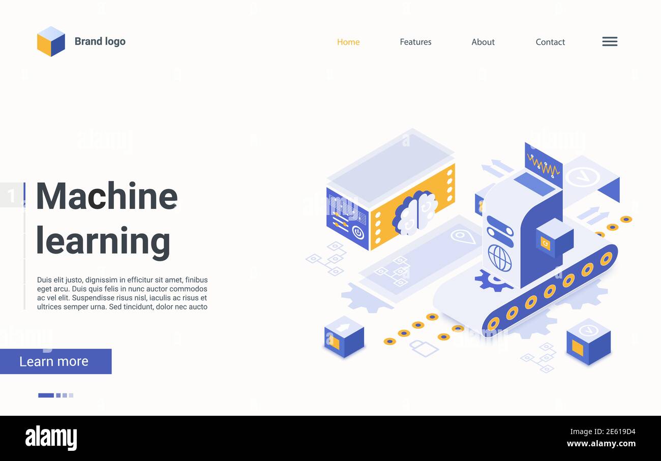Processo di apprendimento automatico ai, illustrazione vettoriale isometrica della tecnologia informatica. Cartoon 3d futuristico servizio informatico autonomo risolvere il problema dell'analisi, pagina di destinazione della simulazione dell'automazione cibernetica Illustrazione Vettoriale