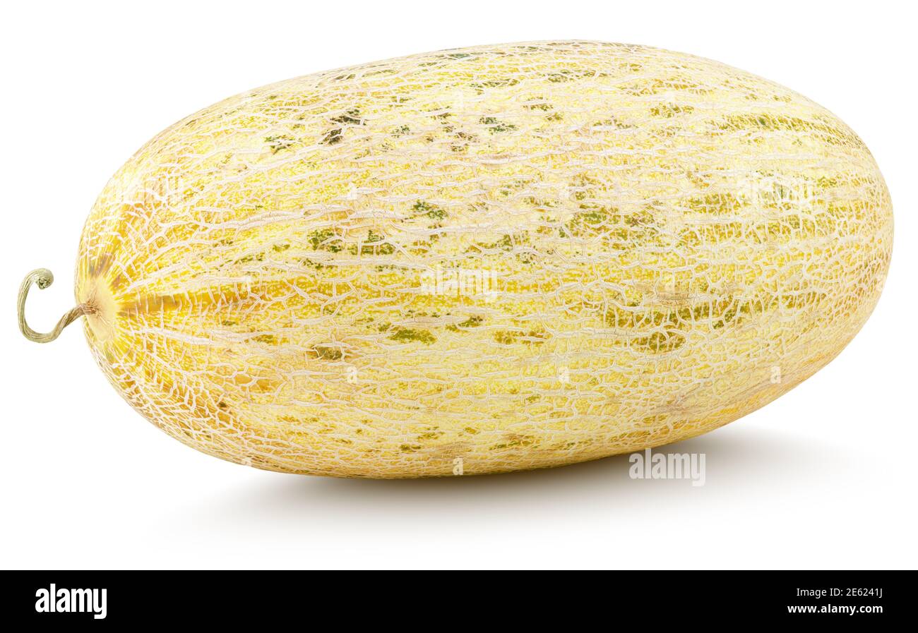 Melone ovale isolato su sfondo bianco. Melone russo uzbeco con percorso di ritaglio. Profondità di campo completa. Foto Stock