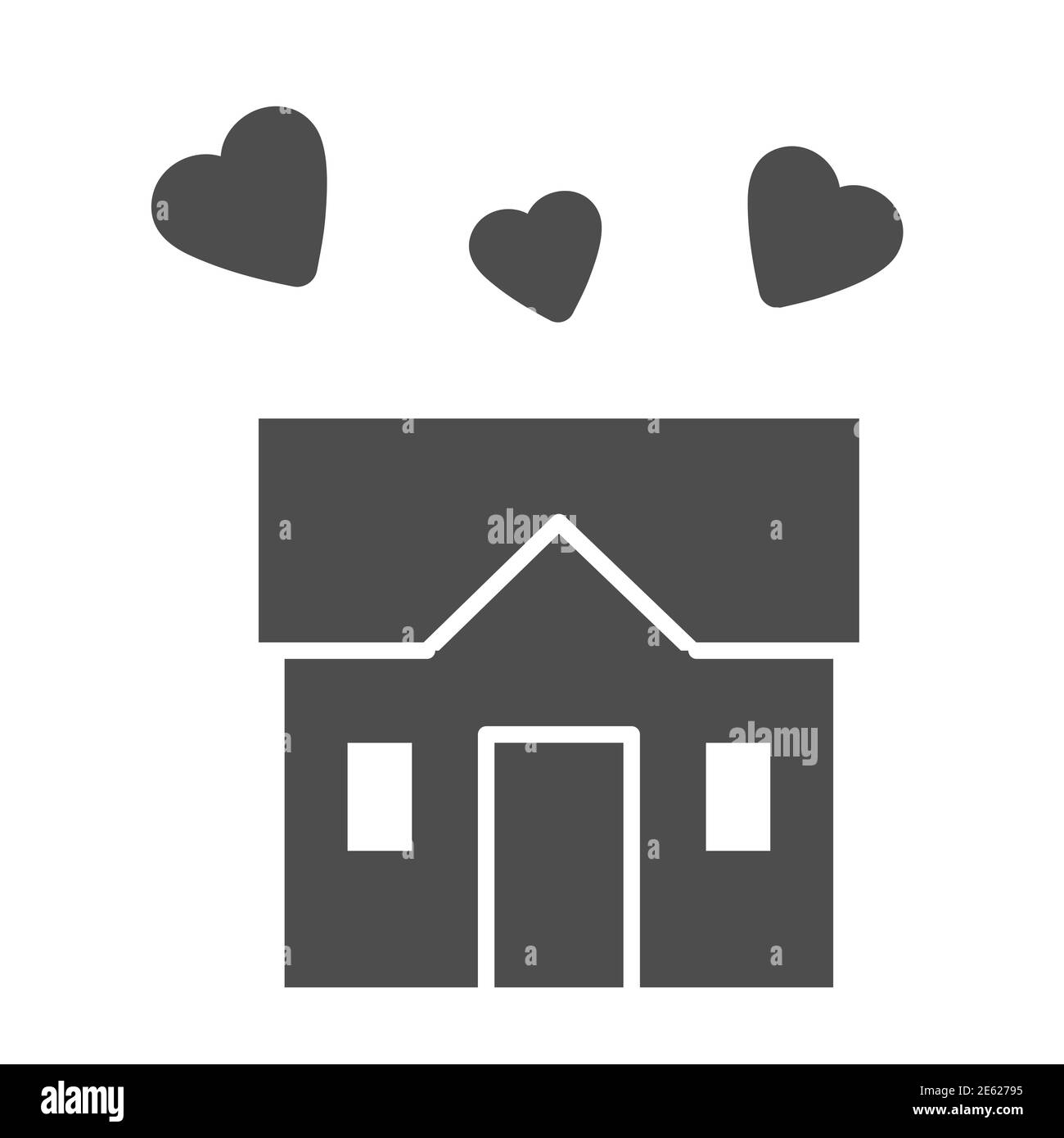 Casa piena di amore icona solida, dolce casa concetto, costruzione con i cuori segno su sfondo bianco, tre cuori sotto casa simbolo in stile glifo per Illustrazione Vettoriale