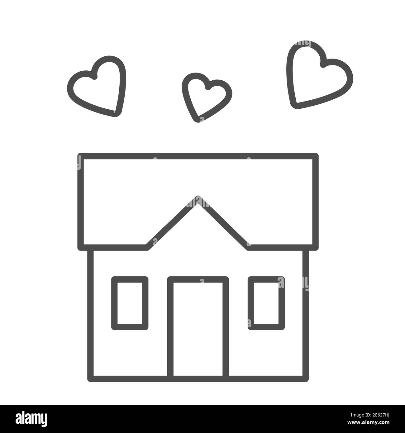 Casa piena di amore sottile linea icona, dolce casa concetto, costruzione con i cuori segno su sfondo bianco, tre cuori sotto casa simbolo in stile profilo Illustrazione Vettoriale