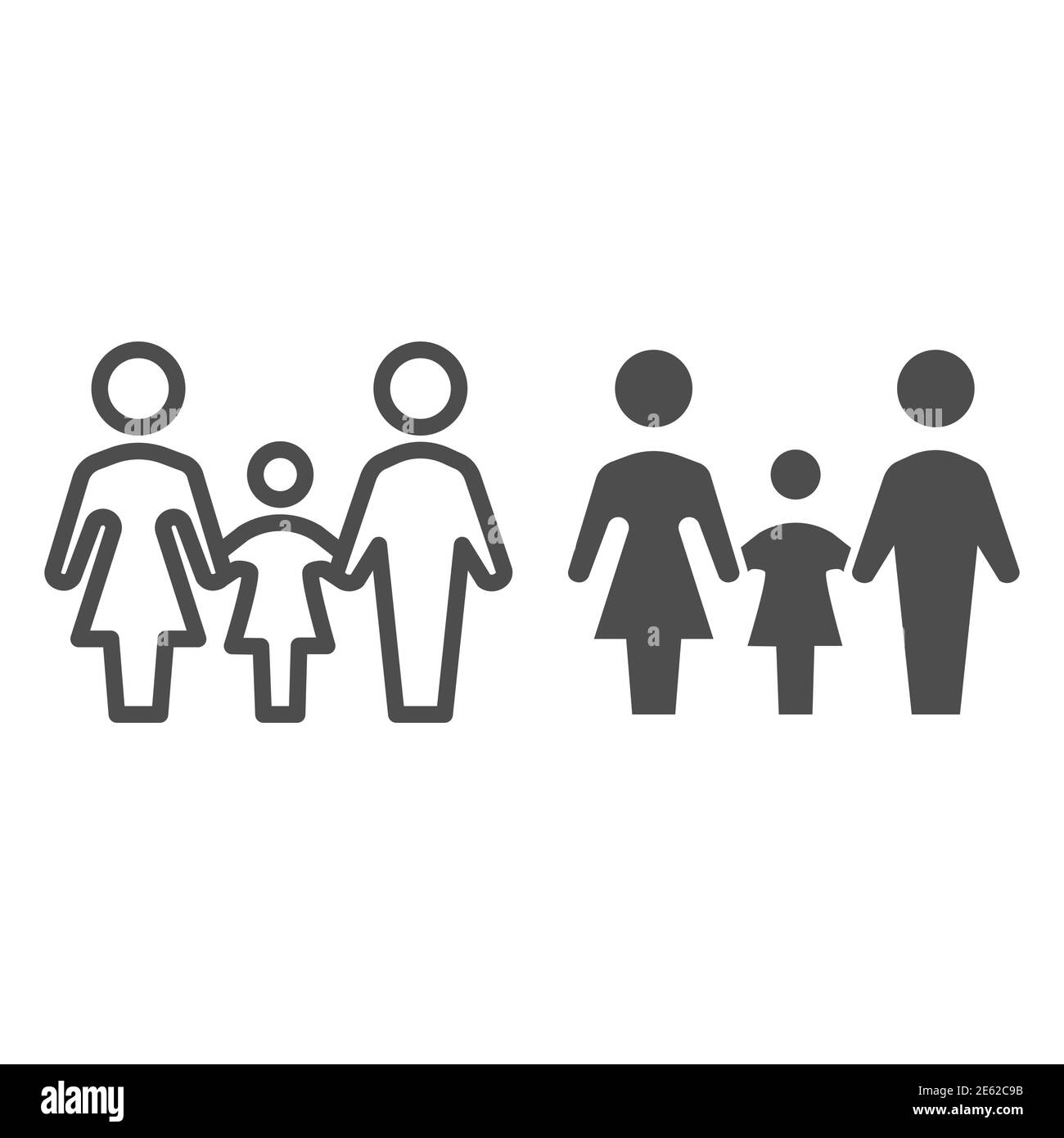 Linea di famiglia e icona piena, 1 ° giugno bambini protezione giorno concetto, Madre, padre e figlia segno su sfondo bianco, genitori con bambino simbolo Illustrazione Vettoriale