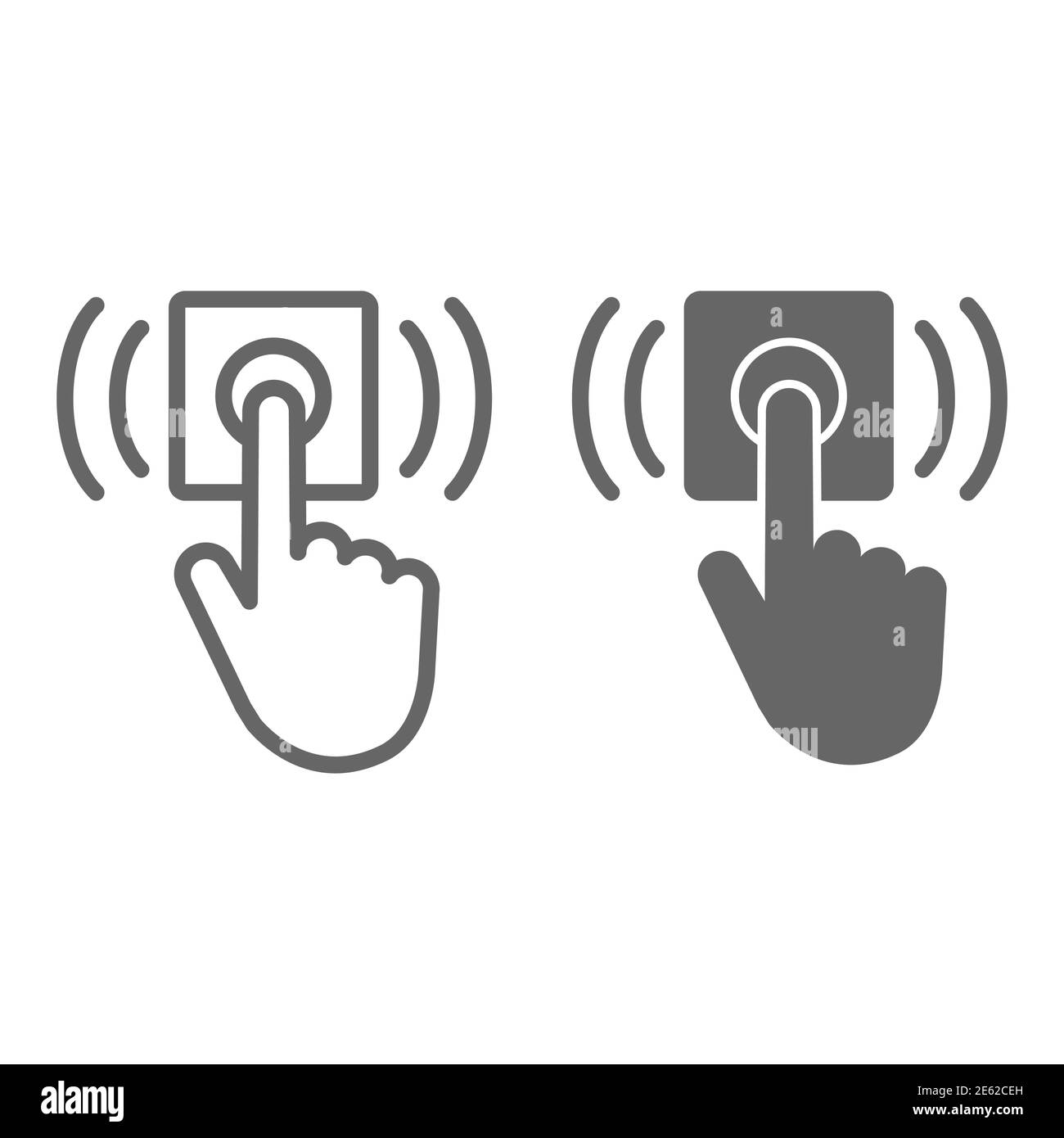 Linea della campana della portiera ad anello e icona continua, simbolo di consegna, simbolo del vettore del pulsante della campana a pressione manuale su sfondo bianco, icona della campana a pressione del dito sul contorno Illustrazione Vettoriale