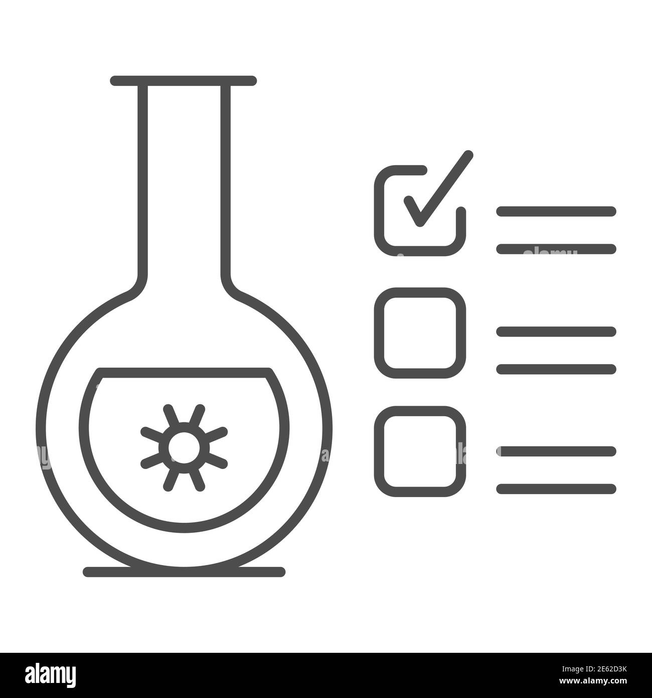Matraccio di vetro per analisi e icona a linea sottile segno di spunta, covid-19 Concept, clipboard checklist con segno di prova su fondo bianco, test del coronavirus Illustrazione Vettoriale