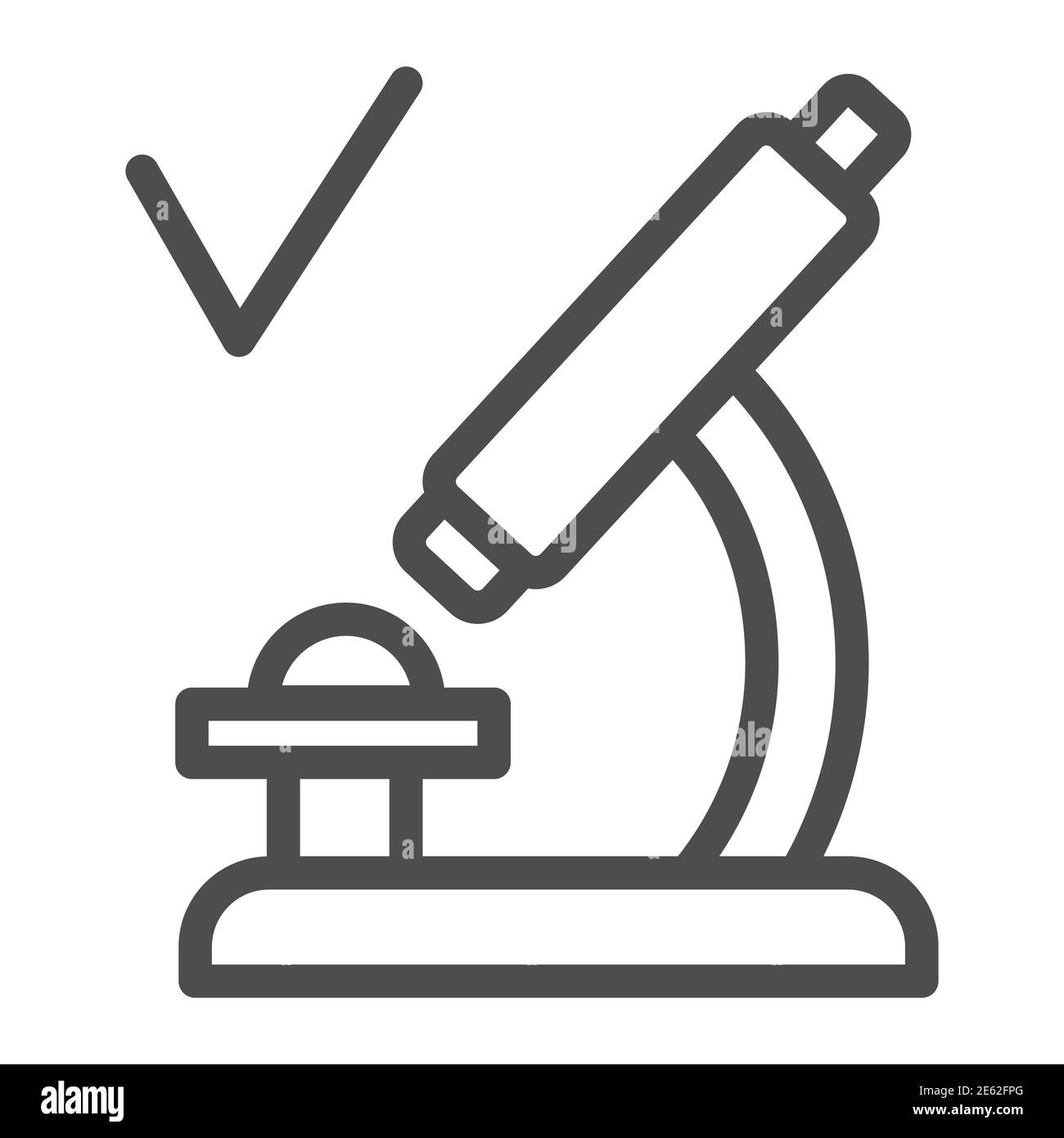 Microscopio con icona a linea di spunta, concetto di test del vaccino del coronavirus, analisi approvata in segno di microscopio su sfondo bianco, test di laboratorio Illustrazione Vettoriale