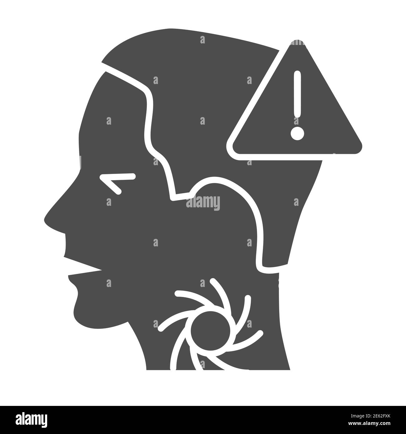 Mal di gola con l'icona solida esclamativo, concetto di prevenzione Coronavirus, 2019-nCov sintomi segno su sfondo bianco, fare attenzione con la malattia della gola Illustrazione Vettoriale