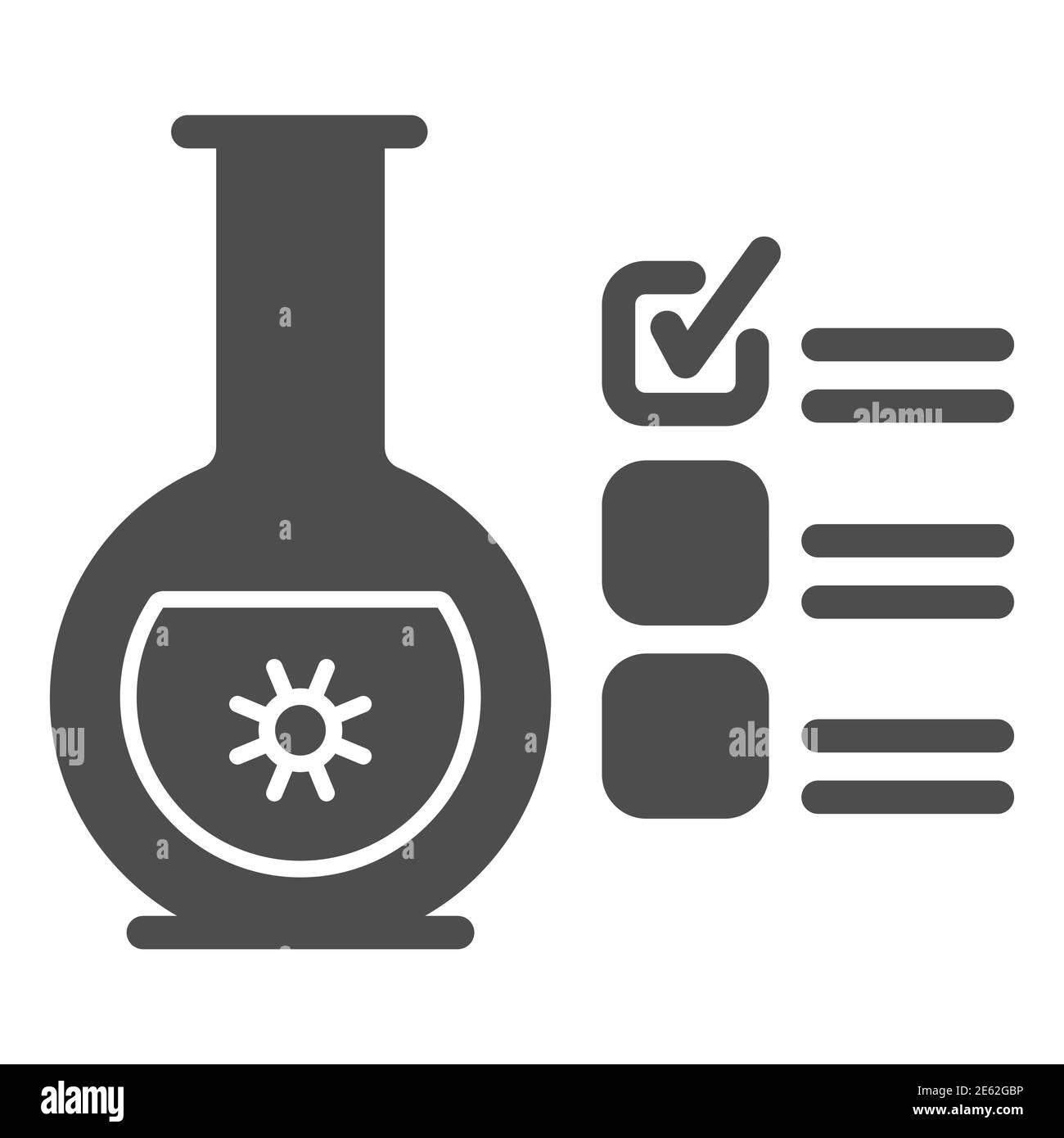 Matraccio di vetro per analisi e icona a segno di spunta, covid-19 Concept, clipboard checklist con segno di spunta su fondo bianco, test del coronavirus Illustrazione Vettoriale