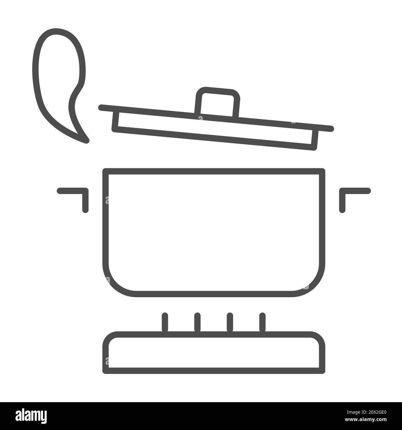 Padella con vapore sull'icona della linea sottile della stufa a gas, concetto di cottura, pentola sul segno del fuoco su sfondo bianco, icona della pentola bollente nello stile di contorno per Illustrazione Vettoriale