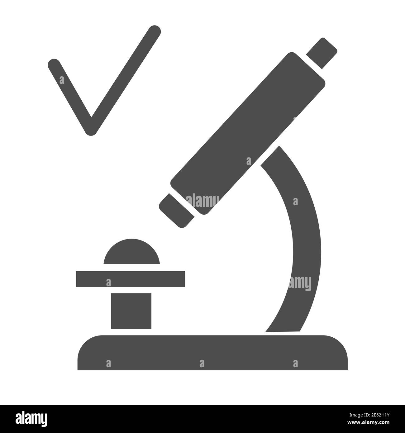 Microscopio con icona a segno di spunta, concetto di test del vaccino del coronavirus, analisi approvata in segno di microscopio su sfondo bianco, test di laboratorio Illustrazione Vettoriale