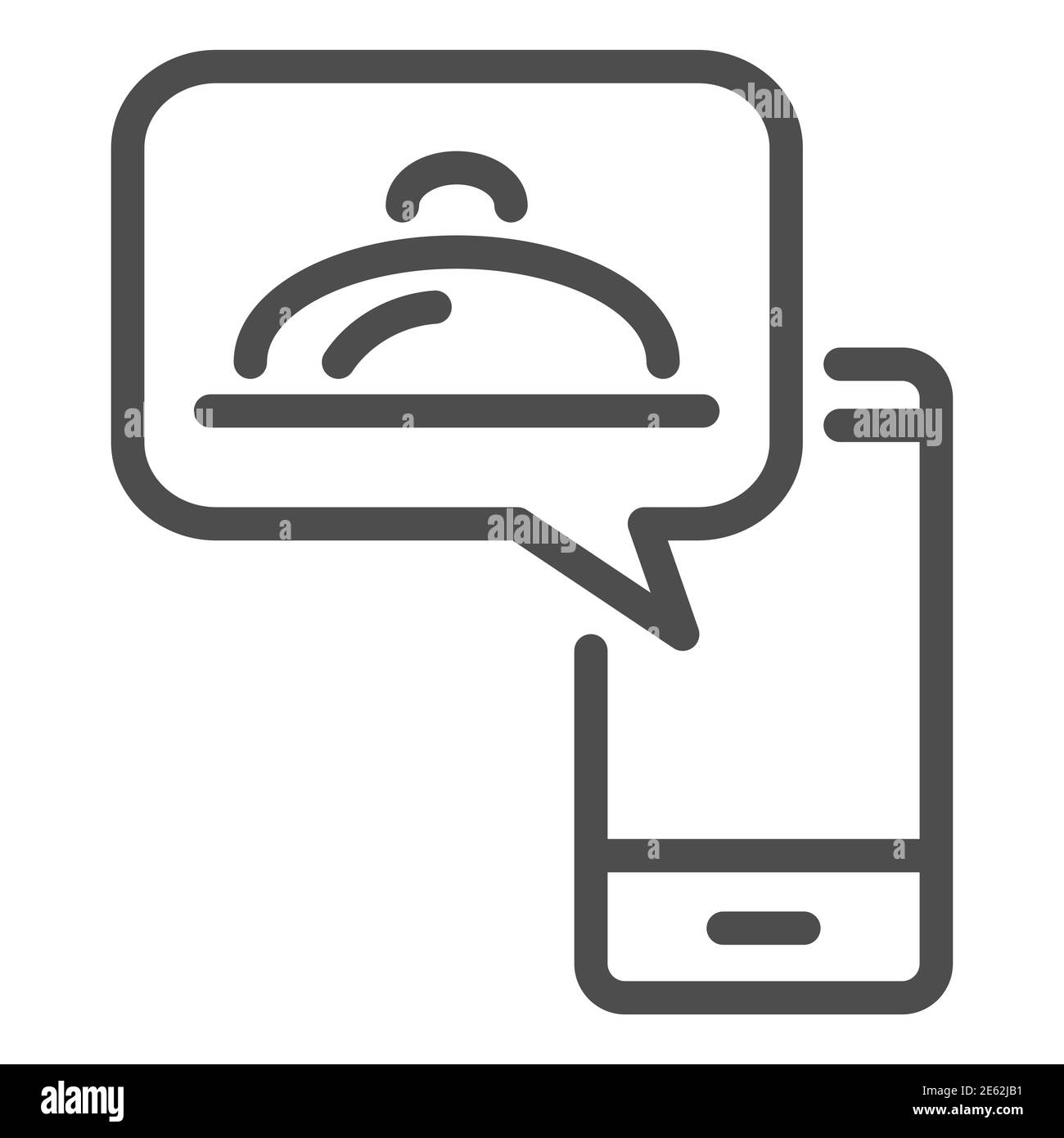 Ordinare cibo e smartphone icona linea, piatto consegna in coronavirus pandemic concetto, piatto vassoio nel telefono cellulare segno su sfondo bianco, acquistare pasto in Illustrazione Vettoriale