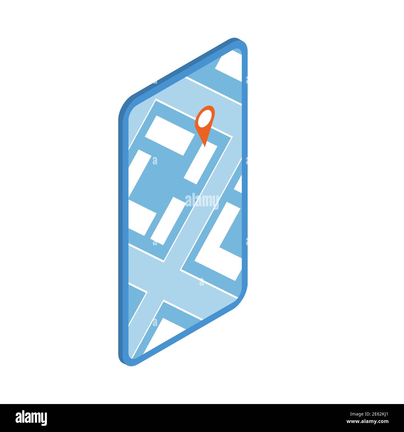 Smartphone con roadmap di ricerca. Il dispositivo visualizza la strada della città e l'indicatore di posizione. Illustrazione isolata in stile isometrico su sfondo bianco Foto Stock