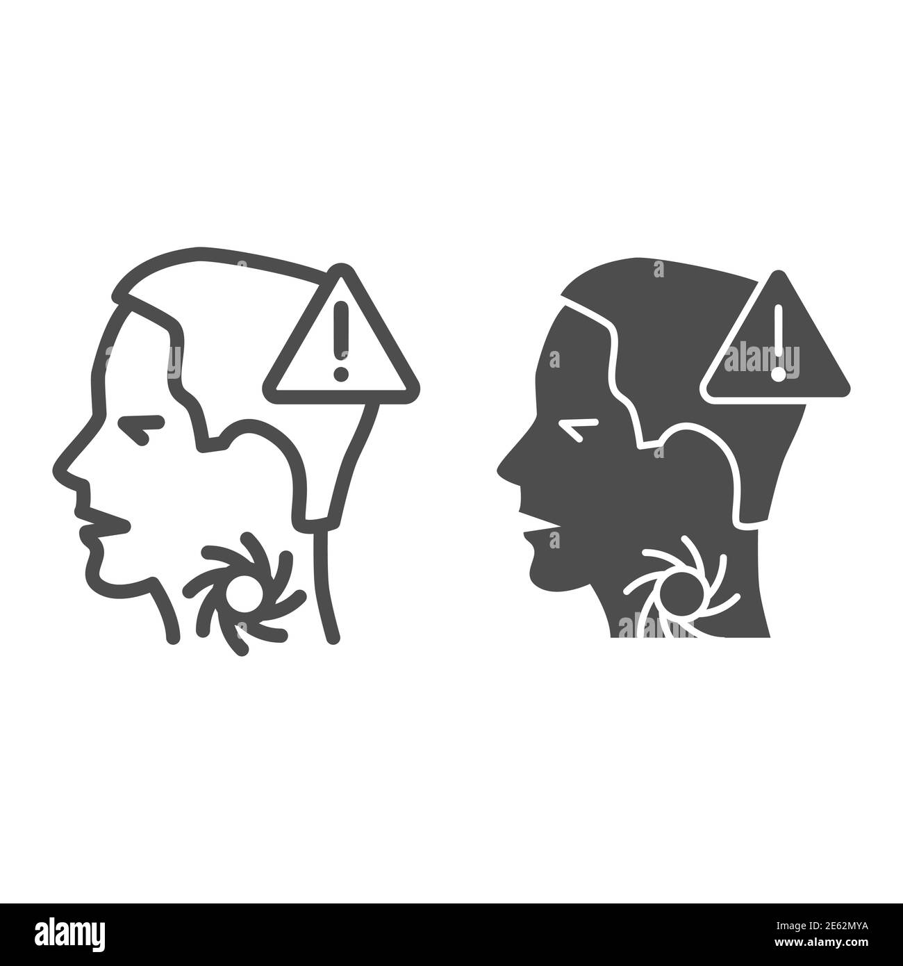 Mal di gola con linea esclamatrice e icona solida, concetto di prevenzione del Coronavirus, 2019-nCov sintomi segno su sfondo bianco, fare attenzione con la gola Illustrazione Vettoriale