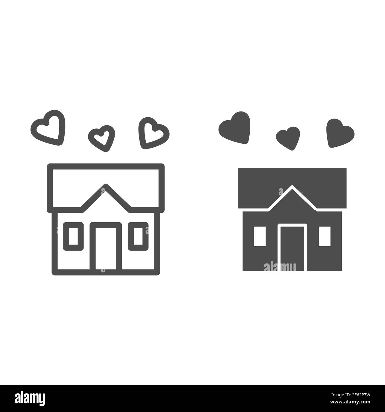 Casa piena di linea d'amore e icona solida, concetto di casa dolce, costruzione con i cuori segno su sfondo bianco, tre cuori sotto casa simbolo in profilo Illustrazione Vettoriale