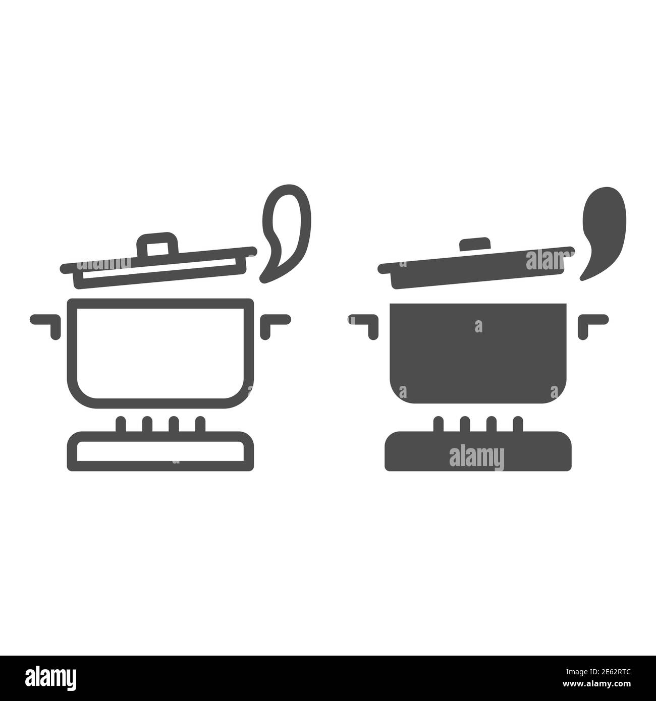 Padella con vapore sulla linea della stufa a gas e l'icona solida, concetto di cottura, pentola sul segno del fuoco su sfondo bianco, icona della pentola bollente in stile contorno per Illustrazione Vettoriale