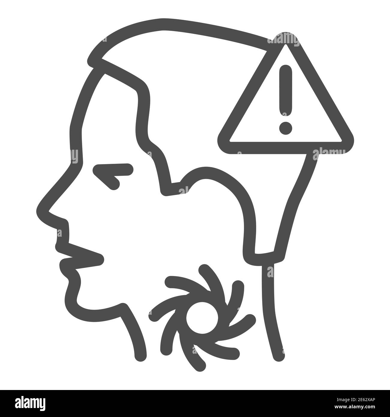 Mal di gola con l'icona della linea esclamatrice, concetto di prevenzione di Coronavirus, 2019-nCov sintomi segno su sfondo bianco, fare attenzione con la malattia della gola Illustrazione Vettoriale