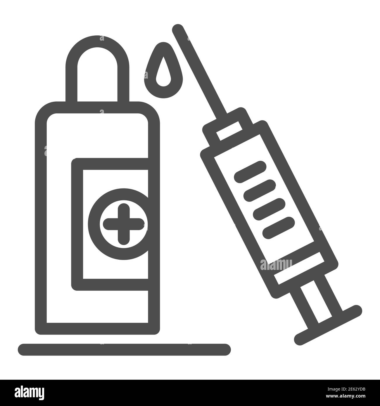 Icona della linea di vaccino della siringa e del flacone, concetto di vaccinazione di covid-19, segno di iniezione medica su sfondo bianco, flaconcino di medicina e icona della siringa in Illustrazione Vettoriale