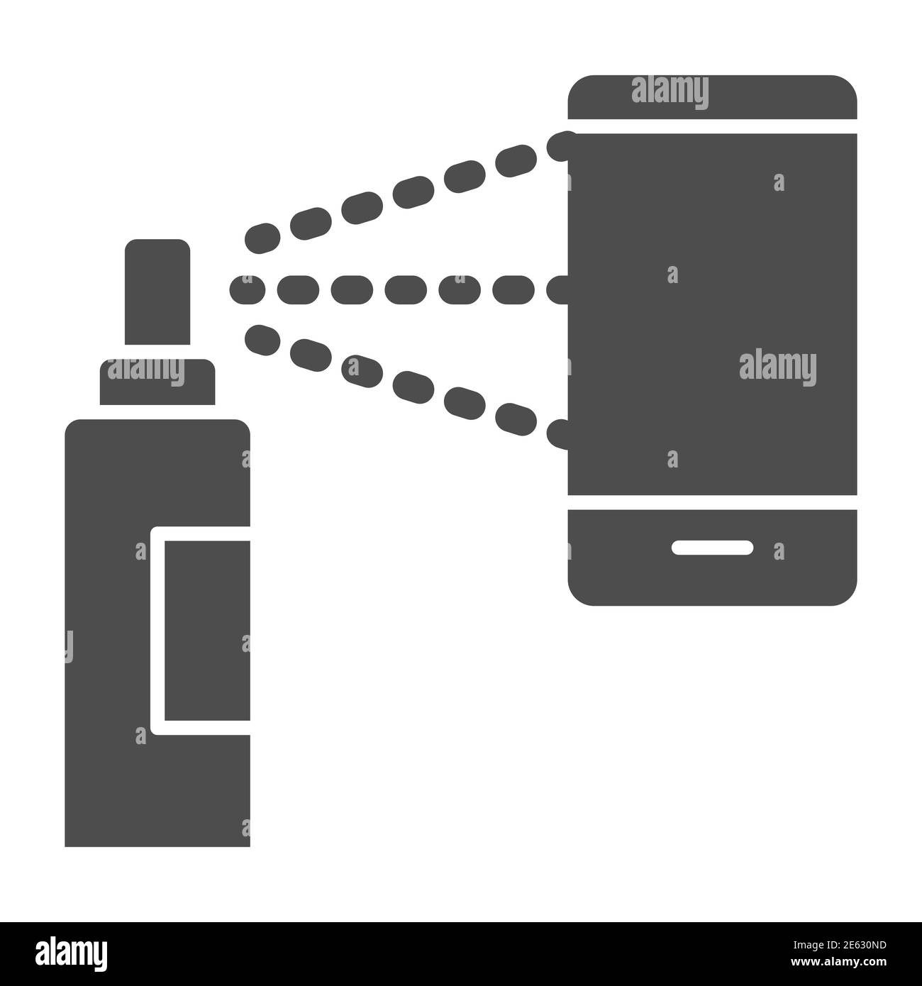 Disinfezione smartphone icona solida, concetto di prevenzione covid-19, disinfettare telefono cellulare e gadget segno su sfondo bianco, schermo dispositivo con Illustrazione Vettoriale