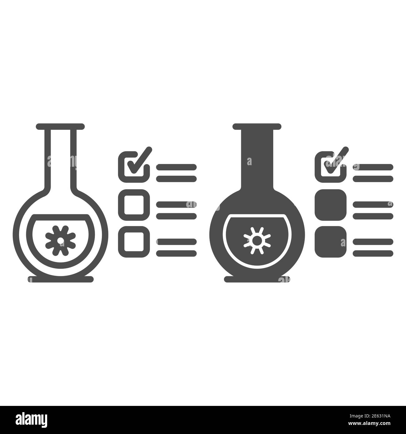 Matraccio di vetro per analisi e linea di selezione e icona solida, covid-19 Concept, clipboard checklist con segno di prova su fondo bianco, coronavirus Illustrazione Vettoriale