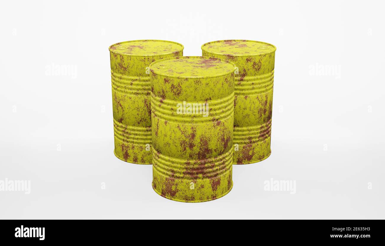 rendering 3d di un gruppo di vecchi barili di metallo giallo arrugginito. Foto Stock