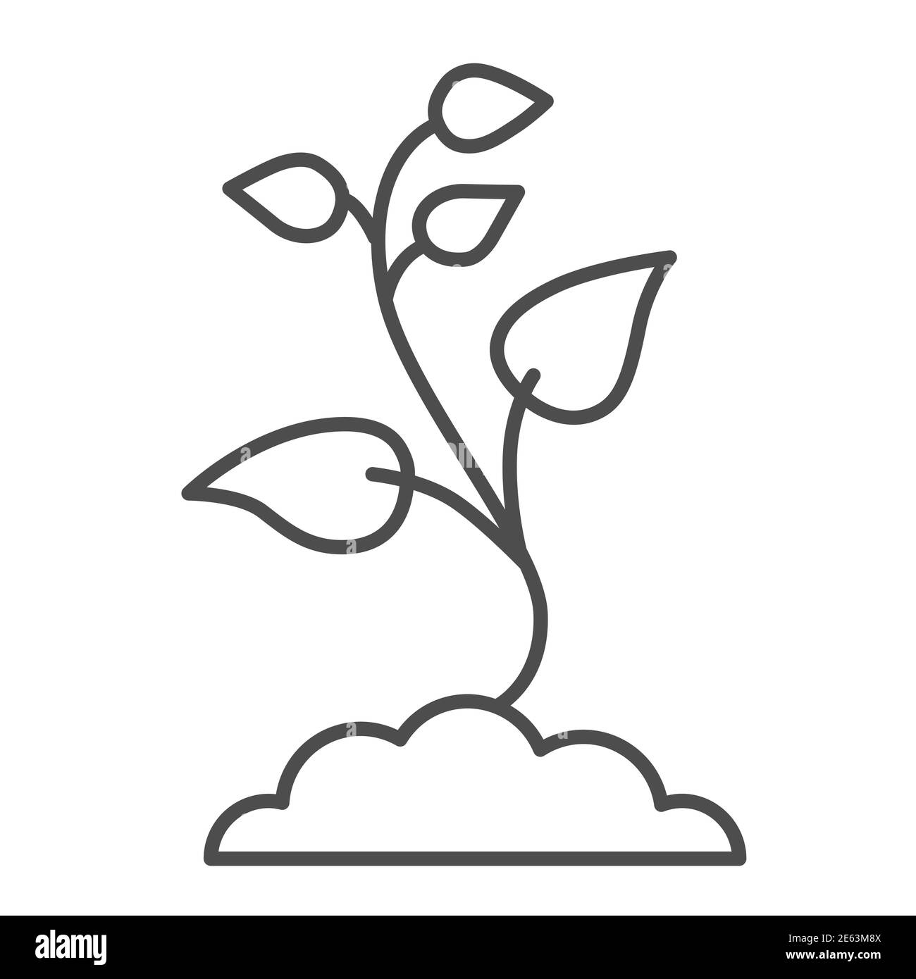 Seedling con molte foglie icona linea sottile, natura concetto, semi germogliano in segno di terra su sfondo bianco, germoglio in suolo icona in stile profilo per Illustrazione Vettoriale
