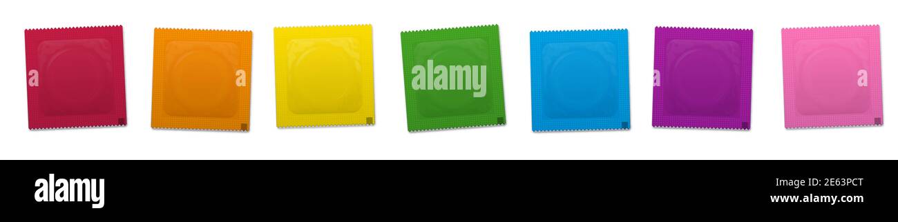 Confezione di preservativi, gomme colorate arcobaleno confezionate in bustine di plastica, una per ogni giorno della settimana - illustrazione su sfondo bianco. Foto Stock
