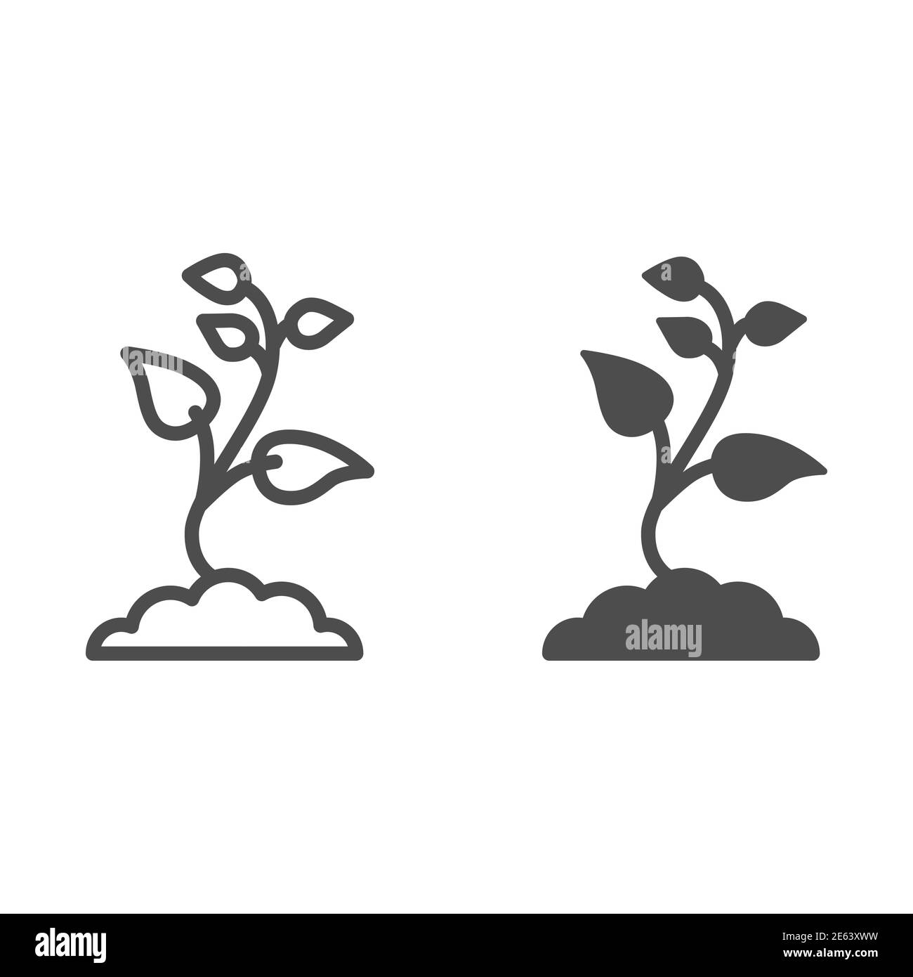 Semina con molte foglie linea e icona solida, concetto di natura, semi germogliano in segno di terra su sfondo bianco, germoglio in suolo icona in stile profilo Illustrazione Vettoriale