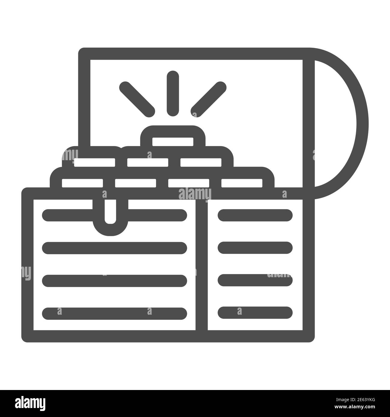 Icona della linea del petto del tesoro, concetto di ricchezza, simbolo della scatola del tesoro dei pirati aperta su sfondo bianco, petto in legno d'epoca con icona d'oro in stile contorno Illustrazione Vettoriale