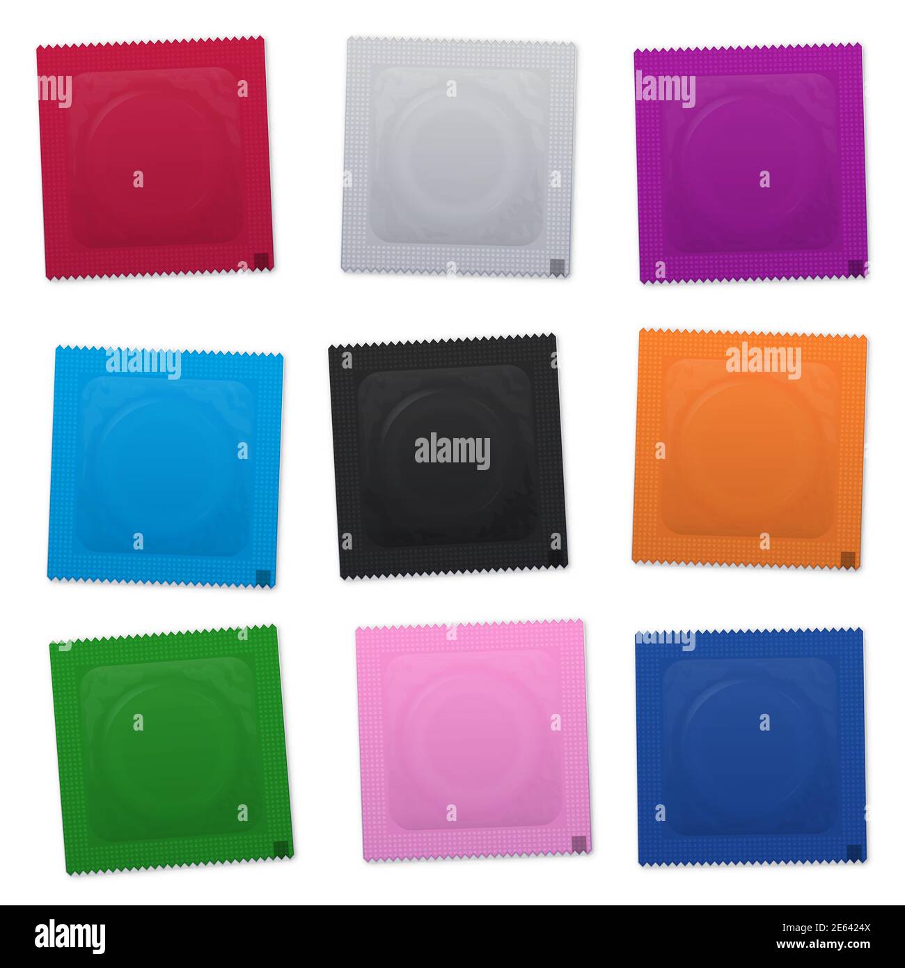 Set di confezioni colorate per preservativi. Conservanti vuoti, senza etichetta, confezionati in buste di plastica - illustrazione su sfondo bianco. Foto Stock