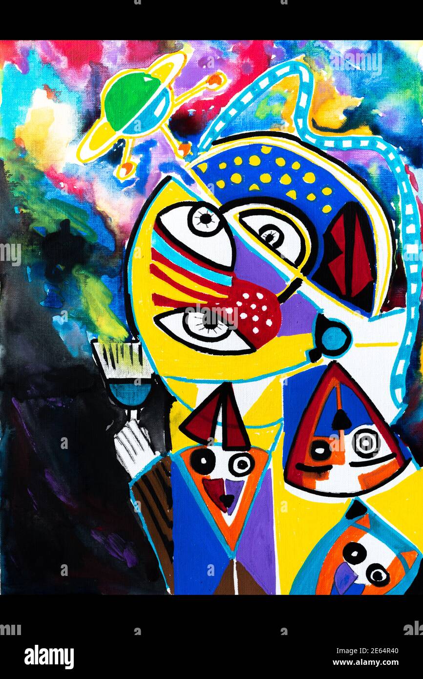 astronauta dipingendo una galassia con un pennello, arte concettuale, occhi, gatti, stelle, pianeti Foto Stock