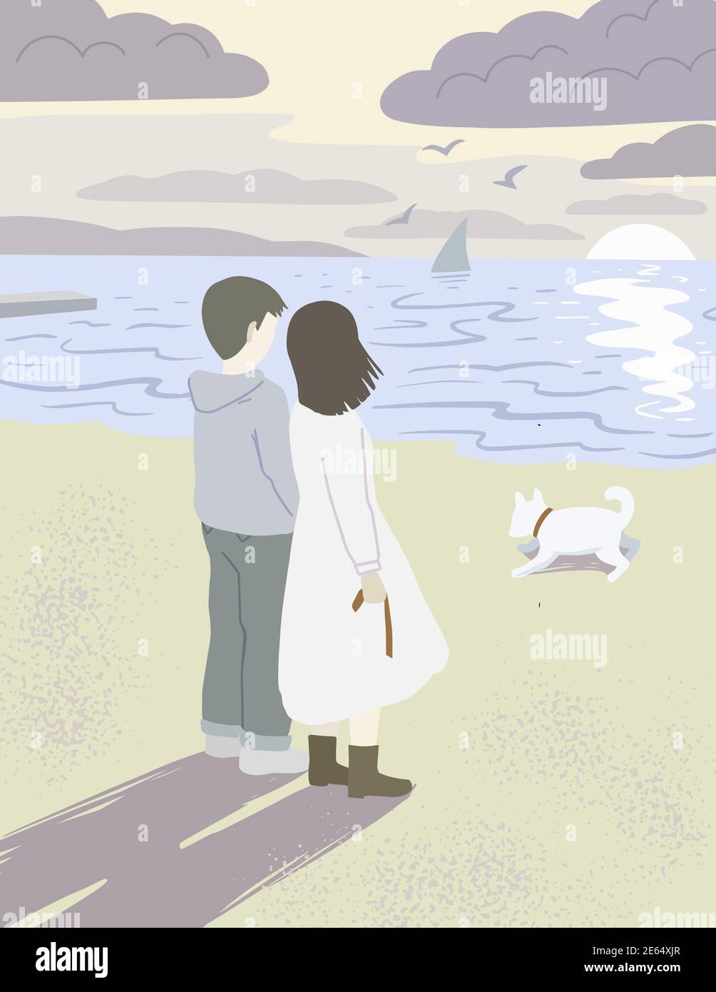 Giovane uomo e donna guardano il tramonto sul mare sulla spiaggia, camminando con il loro cane. Illustrazione Vettoriale