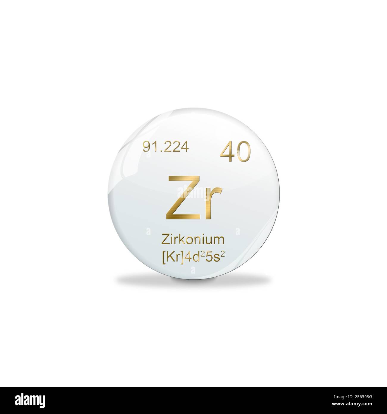 Illustrazione 3D, simbolo di zirconio - Zr. Elemento del tavolo periodico su pallina bianca con segni dorati. Sfondo bianco Foto Stock