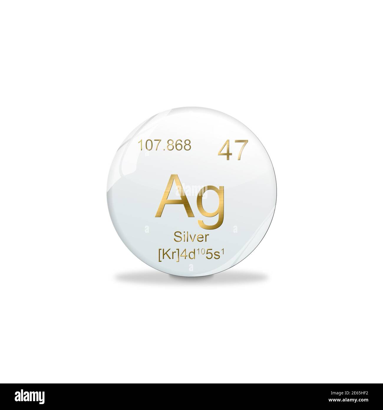 Illustrazione 3D, simbolo argento - AG. Elemento del tavolo periodico su pallina bianca con segni dorati. Sfondo bianco Foto Stock
