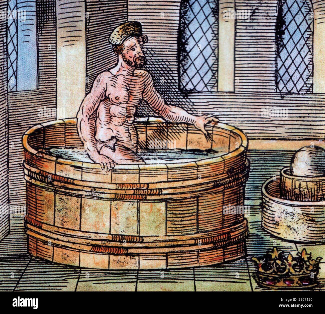 Il filosofo greco Archimede nel suo bagno - scultura del XVI secolo. Foto Stock