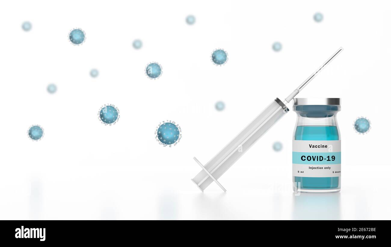 Illustrazione del vaccino del coronavirus Sars-COV-2 in un flacone con una siringa sullo sfondo di un flusso di molecole di Covid-19. Il concetto di Foto Stock