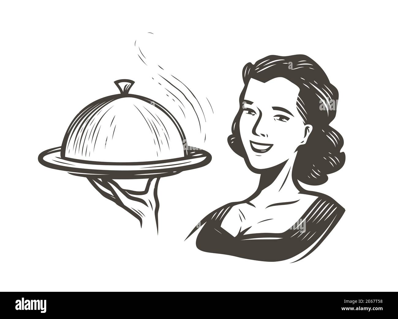 Cameriera con un vassoio. Ristorante, concept di cibo disegno vintage vettore illustrazione Illustrazione Vettoriale