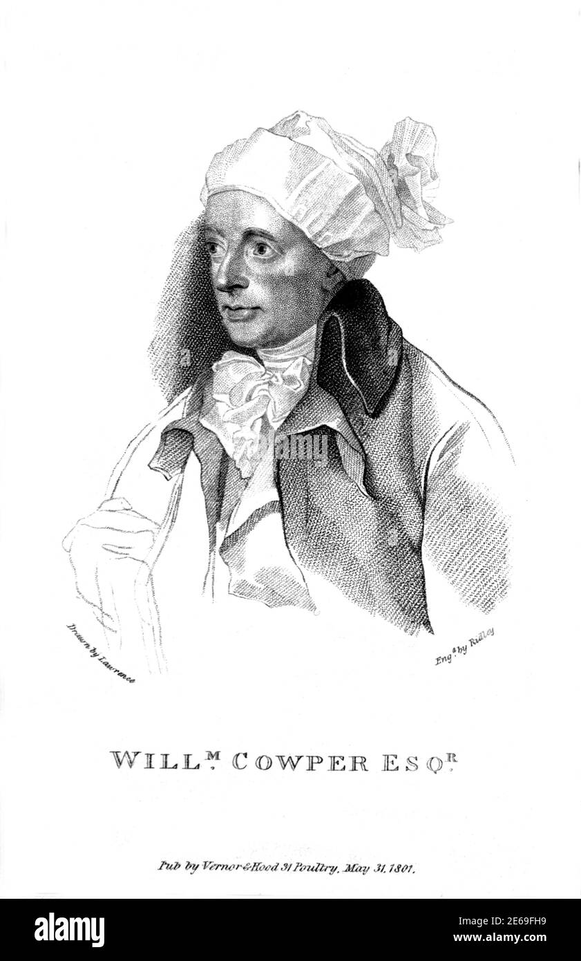 1800 ca, GRAN BRETAGNA : lo scrittore e poeta britannico WILLIAM COWPER ( 1731 - 1800 ). Ritratto inciso da Ridley dall'originale disegnato da Laurence , pubblicato nel 1801 , Londra .- ritratto - ritratto - POETA - POESIA - POESIA - SCRITTORE - SCRITTORE - LETTERATURA - LETTERATURA - STORIA - FOTO STORICHE -- ARCHIVIO GBB Foto Stock