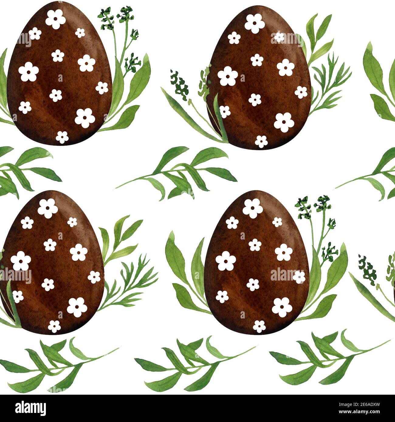 Acquerello senza giunture con cioccolato uova di Pasqua erba butterCup fiori e foglie. Caccia di Pasqua celebrazione marrone design. Stagione primaverile con simboli cristiani religiosi Foto Stock