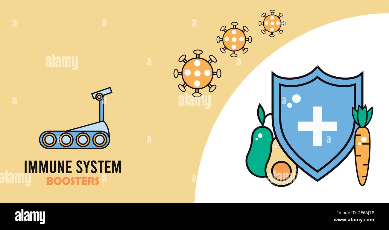 sistema inmune protezione di richiamo con particelle di covid19 e vettore di verdure disegno dell'illustrazione Illustrazione Vettoriale
