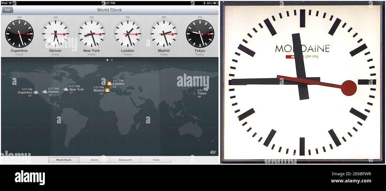 Una foto combinata di un orologio alla stazione centrale di Zurigo (R) e  degli orologi su un iPad Apple con l'ultimo sistema operativo (L) 21  settembre 2012. L'operatore ferroviario svizzero FFS e