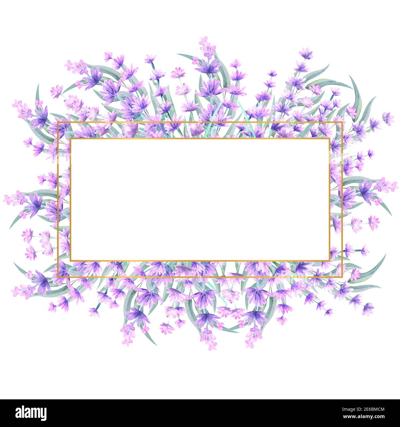 Fiori di lavanda in una cornice rettangolare in oro. Illustrazione di acquerello disegnata a mano. Per inviti, biglietti d'auguri, stampe, poster, pubblicità Foto Stock