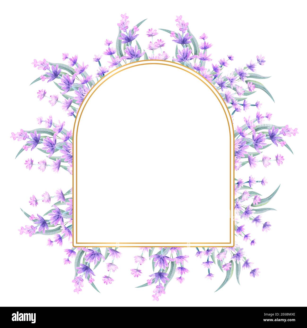 Fiori di lavanda in una cornice d'oro ad arco. Illustrazione di acquerello disegnata a mano. Per inviti, biglietti d'auguri, stampe, poster, pubblicità Foto Stock